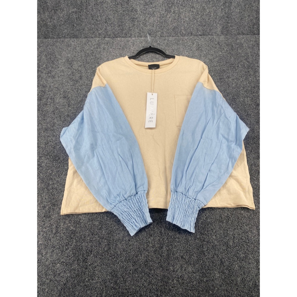 Lumiere Colorblock Balloon Sleeve Top Womens Size M Tan Blue Mixed Media Smocked